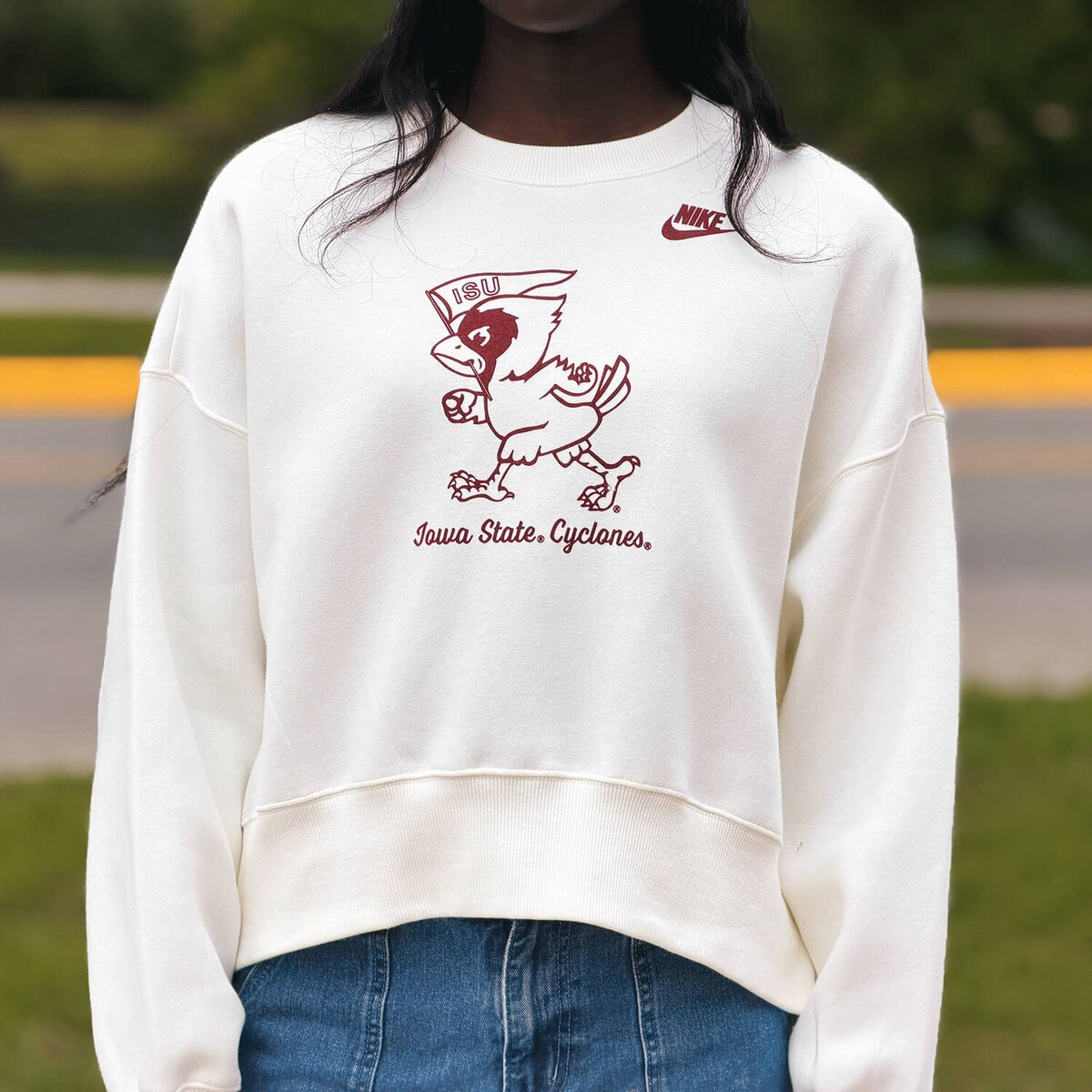 Nike Women's Pennant Cy Cream Fleece Crewneck Sweatshirt design close up